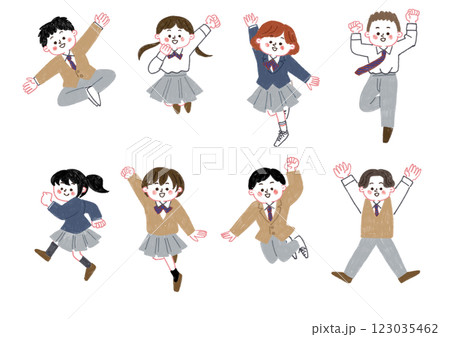色鉛筆で描いたジャンプしている学生のイラストセット 123035462