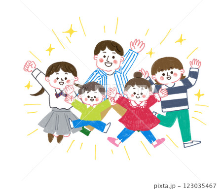 色鉛筆で描いたジャンプしている家族 色鉛筆で描いたジャンプしている家族 123035467