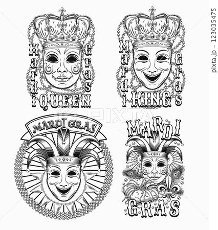Carnival Mardi Gras labels with masquerade masks, crown, jester harlequin hat, beads, text. Vintage monochrome illustrations on white background. For prints, clothing, t shirt, holiday goods design 123035475