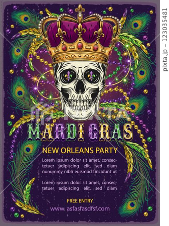 Mardi Gras carnival poster with human skull in imperial crown, scattered beads, bunch of beads, feathers, glossy text. A4 template in vintage style with copy space for party, events 123035481