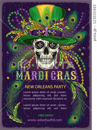 Vertical carnival advert poster with human skull in cylinder hat, feathers, glossy text. A4 template with copy space for Mardi Gras carnival, party, events in vintage style. Textured background 123035483