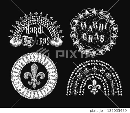 Carnival Mardi Gras labels with beaded rainbow, king cake, beads, fleur de lis symbol, text. Black and white illustrations on black background. For prints, clothing, t shirt, holiday design Carnival Mardi Gras labels with beaded rainbow, king cake, beads, fleur de lis symbol, text. Black and white illustrations on black background. For prints, clothing, t shirt, holiday design 123035489