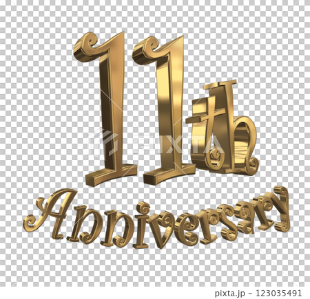3DCG 字母“11 週年/11 週年紀念標誌閃耀”金色，金色 123035491
