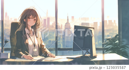 オフィスの女性。水彩画。イラスト。バナー素材。チラシ素材。挿絵。 123035587