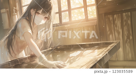 掃除をする女性。水彩画。イラスト。バナー素材。チラシ素材。挿絵。 123035589