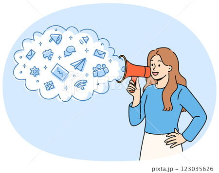 Woman with megaphone announces business event or works as promoter advertising company service 123035626