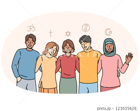 People different religions hug, feeling unity and absence of disagreements due to differences faiths People different religions hug, feeling unity and absence of disagreements due to differences faiths 123035628