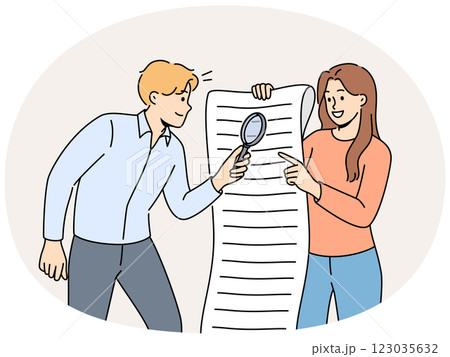 Man and woman are studying business document using magnifying glass to look for hidden information 123035632