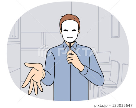 Man manager in mask extends palm for handshake, for concept deception and hypocrisy in business Man manager in mask extends palm for handshake, for concept deception and hypocrisy in business 123035647