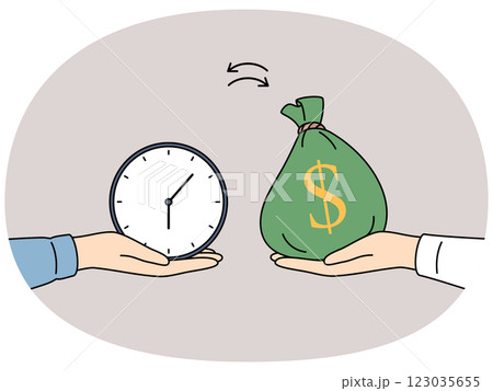 Hand with money and clock as metaphor for exchanging financial resources for time and delegation 123035655