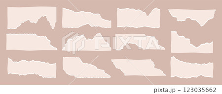 Torn craft paper sheets with jagged edges, ripped beige notepad page pieces with cut ragged borders 123035662