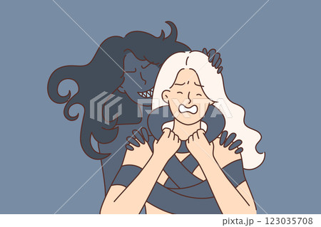 Vampire bites and strangles frightened angry woman in need due to panic attack or schizophrenia 123035708