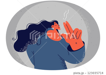 Woman with fingers as cigarette Woman with fingers as cigarette 123035714