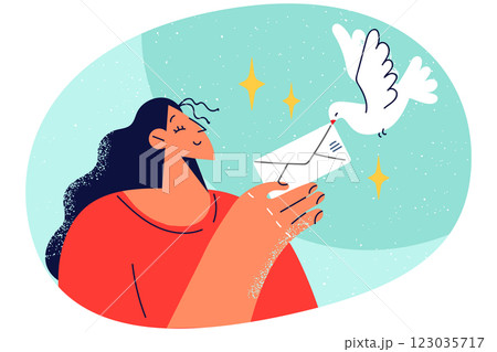 Smiling woman give envelope to dove 123035717