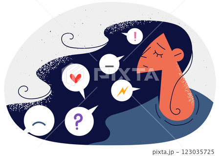 Unhappy woman with emojis in hair Unhappy woman with emojis in hair 123035725