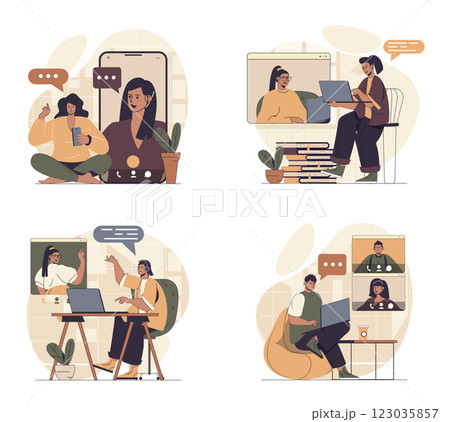 Video chatting concept scenes set in flat web design. People in situations of connecting online and calling in zoom y mobile app or laptop, talking with friends colleagues. Vector illustrations. Video chatting concept scenes set in flat web design. People in situations of connecting online and calling in zoom y mobile app or laptop, talking with friends colleagues. Vector illustrations. 123035857