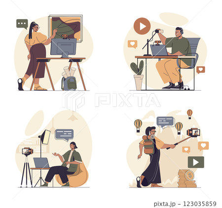 Video blogging concept scenes set in flat web design. People in situations of recording new videos in art or travel blogs, making live translation, communicating with followers. Vector illustrations. 123035859