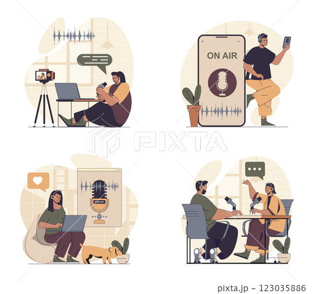 Podcast streaming concept scenes set in flat web design. People in situations of broadcasting and recording talks in studio, creating audio in headphones, followers listening. Vector illustrations. Podcast streaming concept scenes set in flat web design. People in situations of broadcasting and recording talks in studio, creating audio in headphones, followers listening. Vector illustrations. 123035886