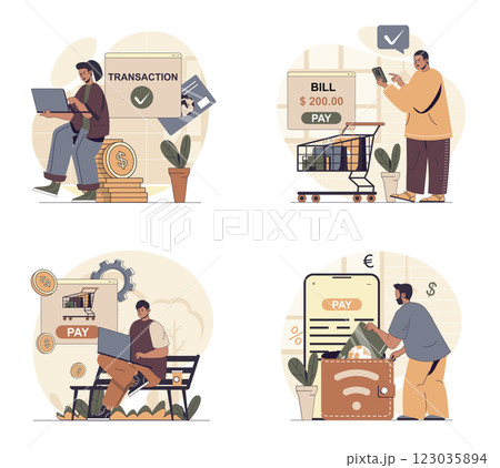 Online payment concept scenes set in flat web design. People in situations of getting digital bills and invoice, making financial transactions, paying by purchase in mobile apps. Vector illustrations. 123035894