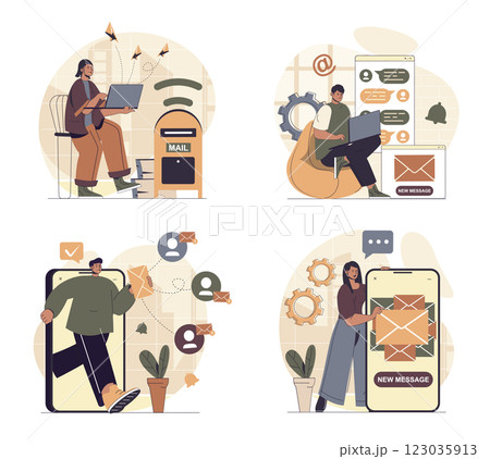 Email service concept scenes set in flat web design. People in situations of sending emails at phone or laptop apps, reading online letters and messages, receiving notifications. Vector illustrations. Email service concept scenes set in flat web design. People in situations of sending emails at phone or laptop apps, reading online letters and messages, receiving notifications. Vector illustrations. 123035913