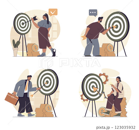 Business target concept scenes set in flat web design. People in situations of hitting bullseye and achieving goals, planning strategy and company mission, doing job progress. Vector illustrations. Business target concept scenes set in flat web design. People in situations of hitting bullseye and achieving goals, planning strategy and company mission, doing job progress. Vector illustrations. 123035932