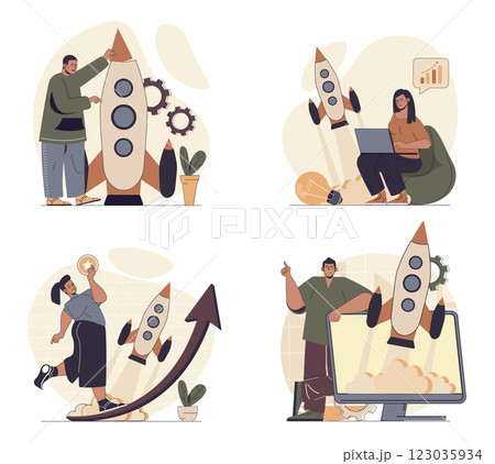 Business startup concept scenes set in flat web design. People in situations of launching new project, working at project, brainstorming, planning process, attracting investment. Vector illustrations. 123035934