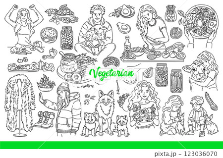 Vegetarian people eat salads made from organic products and refuse to eat animal meat. Hand drawn. Vegetarian people eat salads made from organic products and refuse to eat animal meat. Hand drawn. 123036070