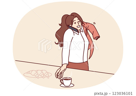 Busy woman makes business phone call having breakfast and puts on jacket hurrying to work. 123036101