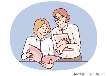 Women read magazine and discuss fashion trends or article by journalist with city news Women read magazine and discuss fashion trends or article by journalist with city news 123036109