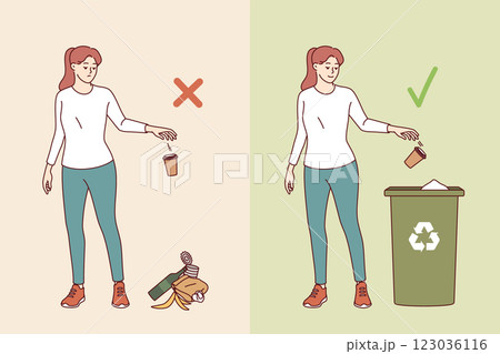Woman throwing garbage on ground or in trash can demonstrates right and wrong behavior 123036116