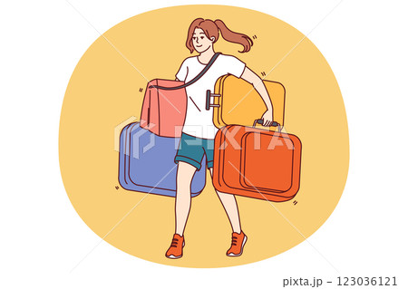 Woman carries lot of tourist suitcases when going on long trip or changing places of residence 123036121