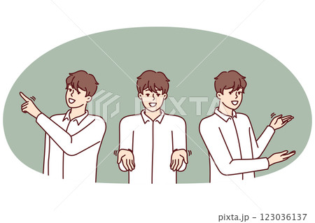 Man pointing in different directions providing consulting or customer support services 123036137