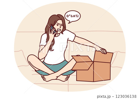 Woman with box and phone makes call to store support team complaining about damaged product 123036138
