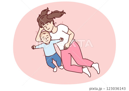 Little girl hugging newborn brother lying in bed and sleep together for happy childhood concept Little girl hugging newborn brother lying in bed and sleep together for happy childhood concept 123036143