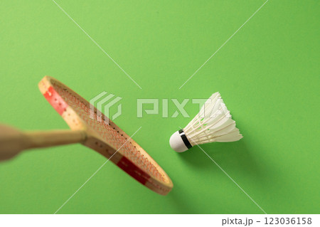 Wooden badminton racket and white feather badminton shuttlecocks on green background. Close up. Copy space. Sports activity. 123036158
