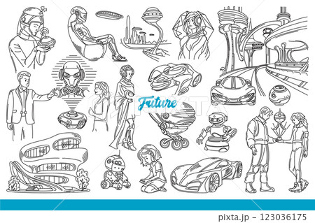 Futuristic technologies and innovations used by people to work and move or play. Hand drawn. 123036175