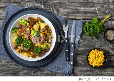 Beef Steak broccoli potato corn stew in bowl Beef Steak broccoli potato corn stew in bowl 123036204