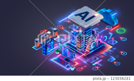 Ai manages a smart city. AI controls Futuristic Smart city. Isometric Future buildings inside chip with Ai or Artificial intelligence which effectively manages urban infrastructure. AI of Smart City. 123036281
