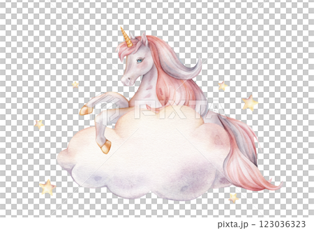 Hand drawn watercolor illustration of the Unicorn with cloud with space for text. Cute violet pink horse with stars for Baby shower invitations or wall art. Pastel Fantasy pony for kids cards. 123036323