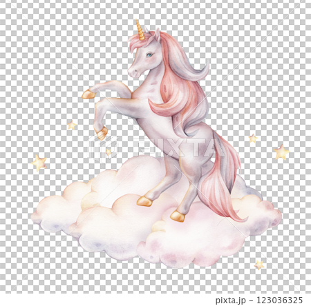 Hand drawn watercolor illustration of the Unicorn stands on its hind legs on cloud. Cute violet pink horse with stars for Baby shower invitations or wall art. Pastel Fantasy pony for kids cards. 123036325