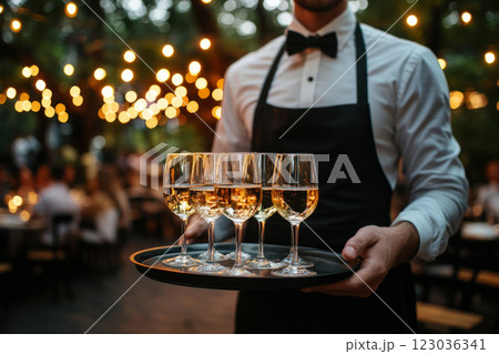 Waiter serving wine at elegant outdoor event 123036341