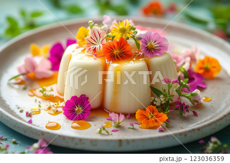 Panna Cotta Dessert with Edible Flowers and Berry Sauce 123036359