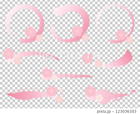 Set of cherry blossom decorations, brush strokes and circular frames 123036383