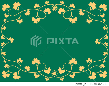 Green clover leaves frame for St. Patrick's Day. Border with shamrocks with place for text. Holiday shamrock frame for promotional products, postcards and printed publications. Vector illustration Green clover leaves frame for St. Patrick's Day. Border with shamrocks with place for text. Holiday shamrock frame for promotional products, postcards and printed publications. Vector illustration 123036427