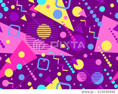 Geometric seamless pattern with memphis elements in 80s style. Colorful geometric pattern. Design of promotional products, wrapping paper and printing. Vector illustration Geometric seamless pattern with memphis elements in 80s style. Colorful geometric pattern. Design of promotional products, wrapping paper and printing. Vector illustration 123036448