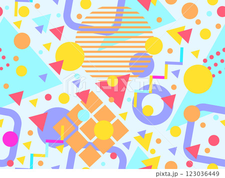 Geometric seamless pattern with memphis elements in 80s style. Colorful geometric pattern. Design of promotional products, wrapping paper and printing. Vector illustration Geometric seamless pattern with memphis elements in 80s style. Colorful geometric pattern. Design of promotional products, wrapping paper and printing. Vector illustration 123036449
