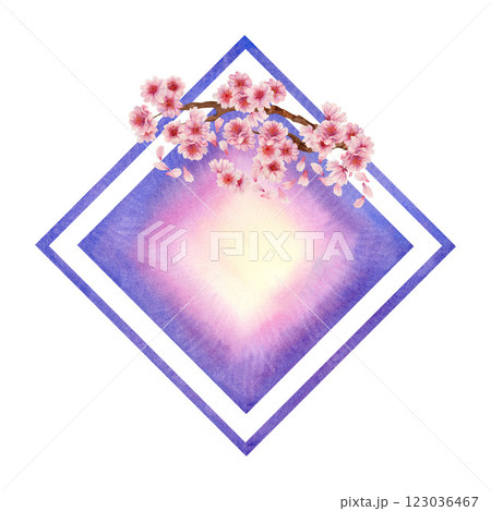 Rhombus frame with sakura flowers with gradient color background isolated on white. Spring blooming cherry blossom flowers for Hanami. Shades of pink, lilac, purple petals. Watercolor template 123036467