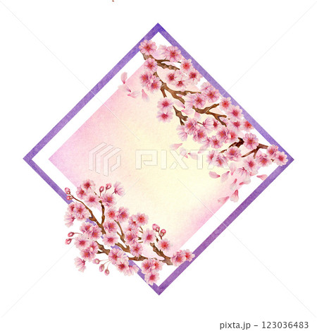 Rhombus frame with sakura flowers with gradient color background isolated on white. Spring blooming cherry blossom flowers for Hanami. Shades of pink, lilac, purple petals. Watercolor template Rhombus frame with sakura flowers with gradient color background isolated on white. Spring blooming cherry blossom flowers for Hanami. Shades of pink, lilac, purple petals. Watercolor template 123036483