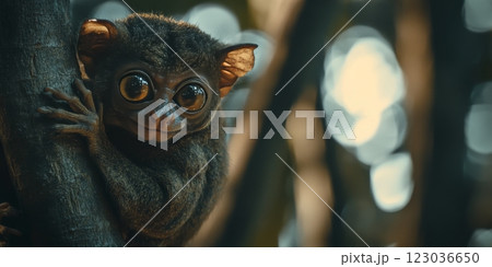 Philippine tarsier clinging to a tree branch in the forest 123036650