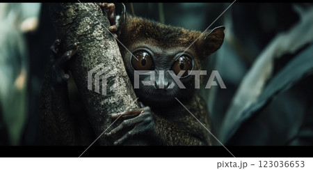 Philippine tarsier clinging to a tree branch in the rainforest 123036653